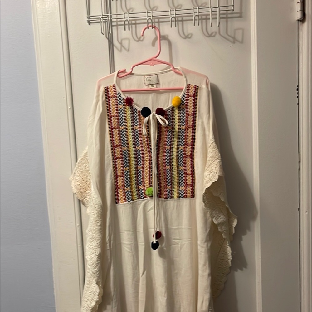 Colorful Embroidered coverup with Pom poms